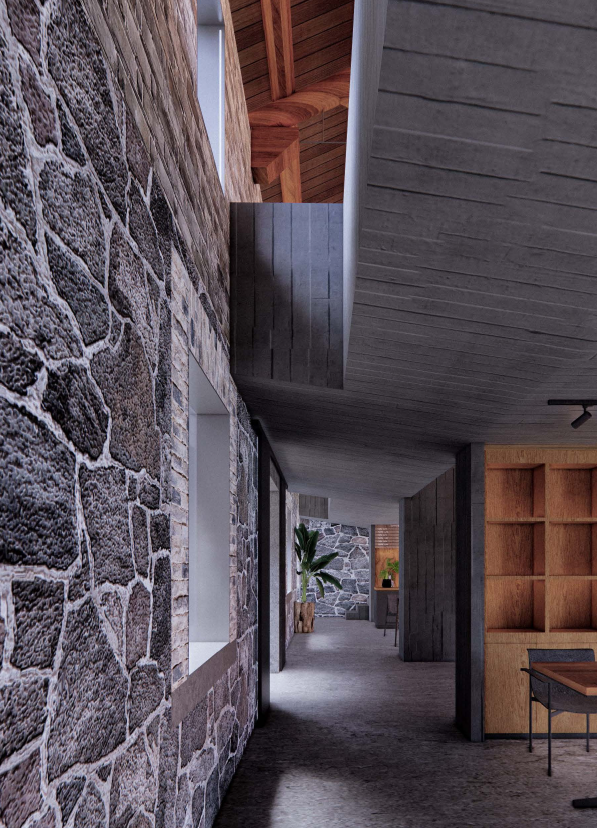 Modern community cultural center with exposed concrete structure, geometric composition, interplay of light and shadow, contemporary art gallery style, seamless indoor outdoor flow