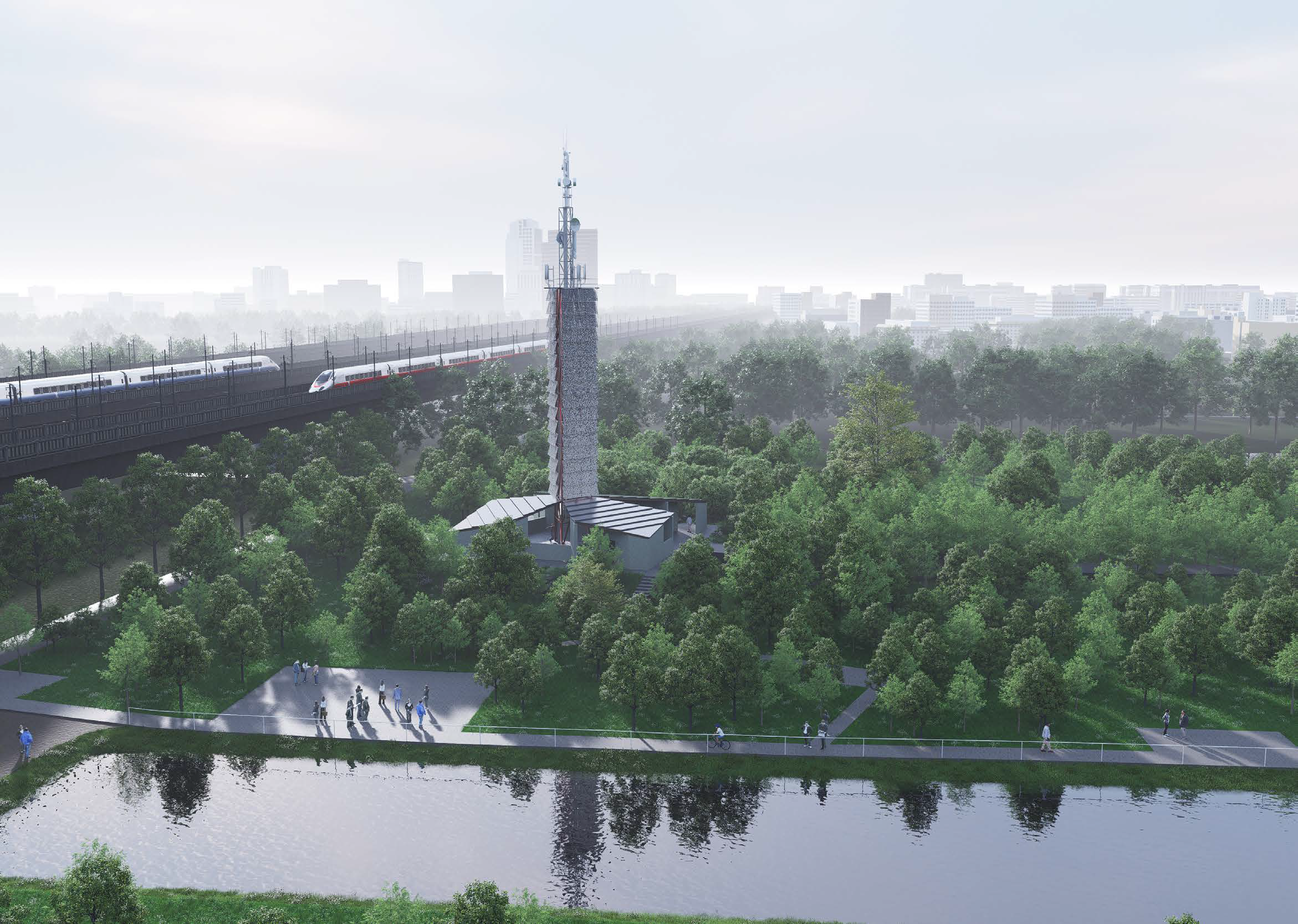 Modern residential complex with mixed use development, vertical gardens, contemporary architecture, cityscape backdrop, sustainable urban design